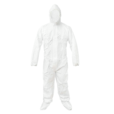 White SMS SF PP Polypropylene Non Woven Fabric Disposable Protection Industrial Coveralls with Attached Hood, Zipper Front Entry